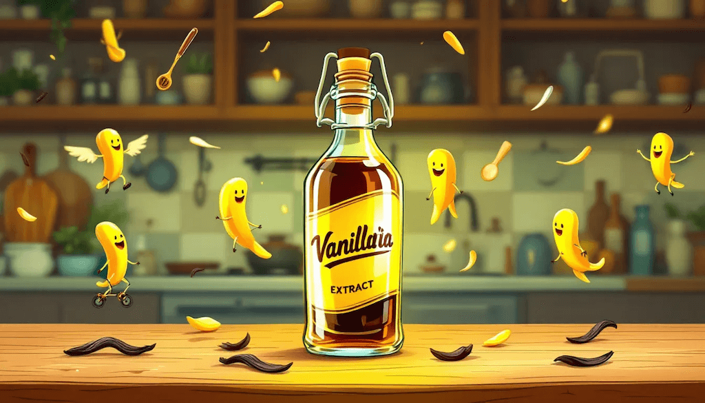 A bottle of vanilla extract with vanilla beans in the background.
