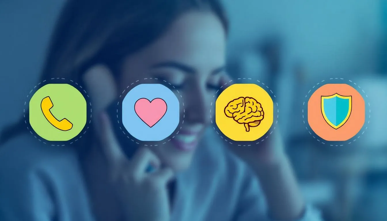 Illustration showing different types of addiction hotlines with a blurred background of a person talking on the phone.