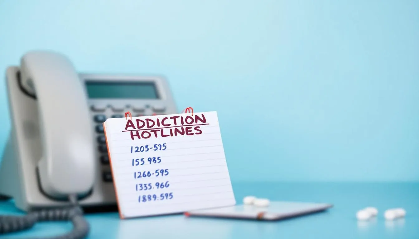 An image representing various addiction hotlines, including a blurred phone and a notepad with hotline numbers.