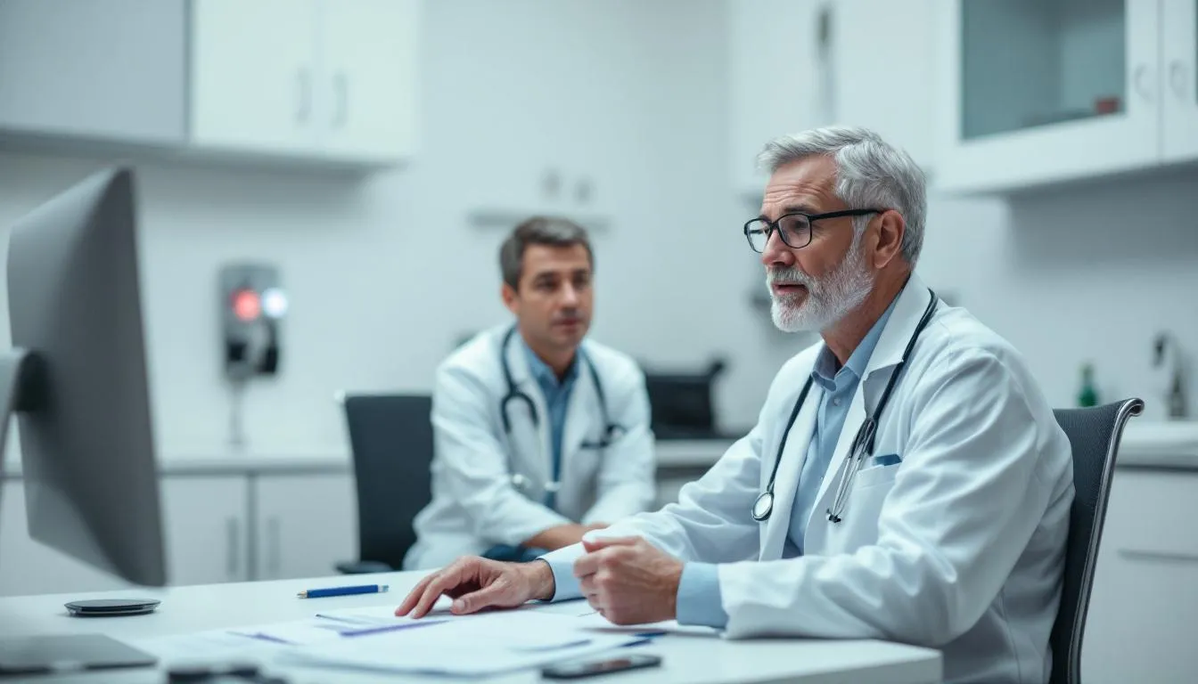 In the image, a medical professional is seated across from a patient in a clinical setting, discussing options for treatment related to alcohol use disorder. The environment conveys a sense of confidentiality and support, emphasizing the importance of mental health services in addressing substance use disorders.