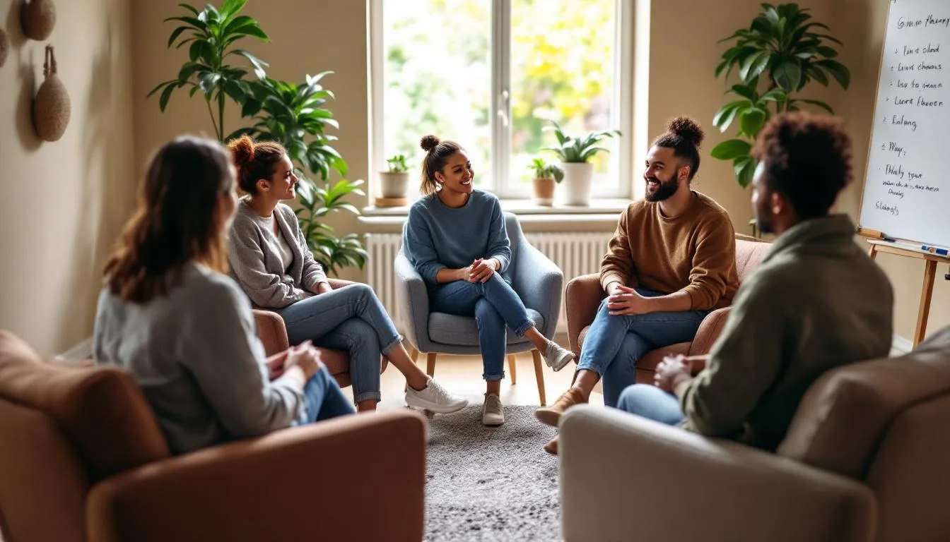 In the image, a diverse group of people sits in a circle during a group therapy session, sharing their experiences and supporting one another in their mental health treatment journey. This setting is often part of intensive outpatient programs that focus on developing coping strategies and addressing mental health challenges.