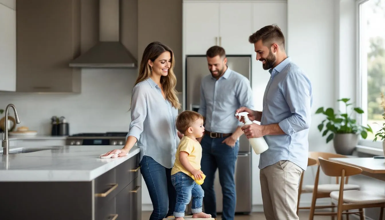 In a modern kitchen, a family is joyfully using natural cleaning products to eliminate toxic chemicals from their home. They are engaging in a healthy lifestyle by opting for alternative cleaning products, showcasing a commitment to better health and women's health, while avoiding harmful chemicals commonly found in commercial products.
