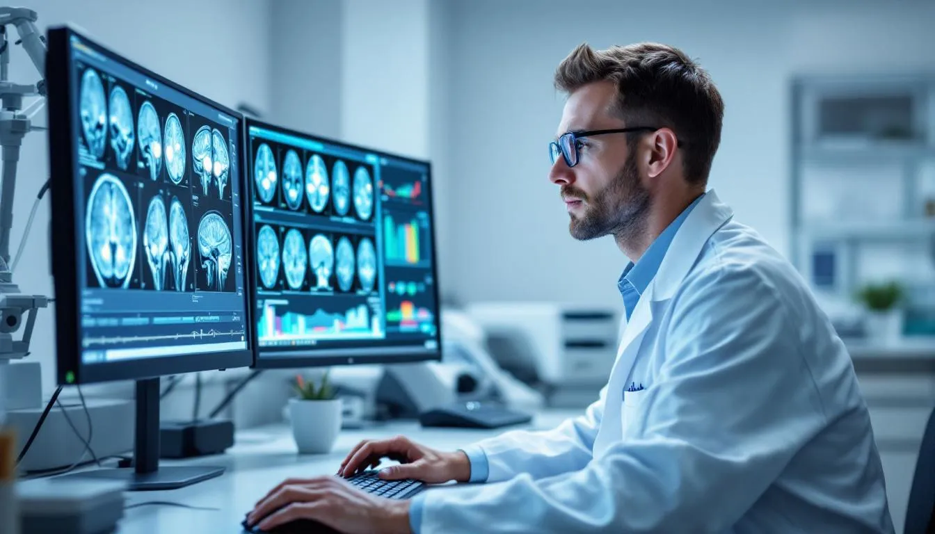 A medical professional is focused on examining brain scans displayed on computer monitors, likely assessing for signs of neurological disorders such as Wernicke-Korsakoff syndrome, which can result from chronic alcohol misuse and thiamine deficiency. The analysis may reveal symptoms of wet brain, including severe memory loss and cognitive issues, emphasizing the importance of early intervention and proper nutrition in treatment.