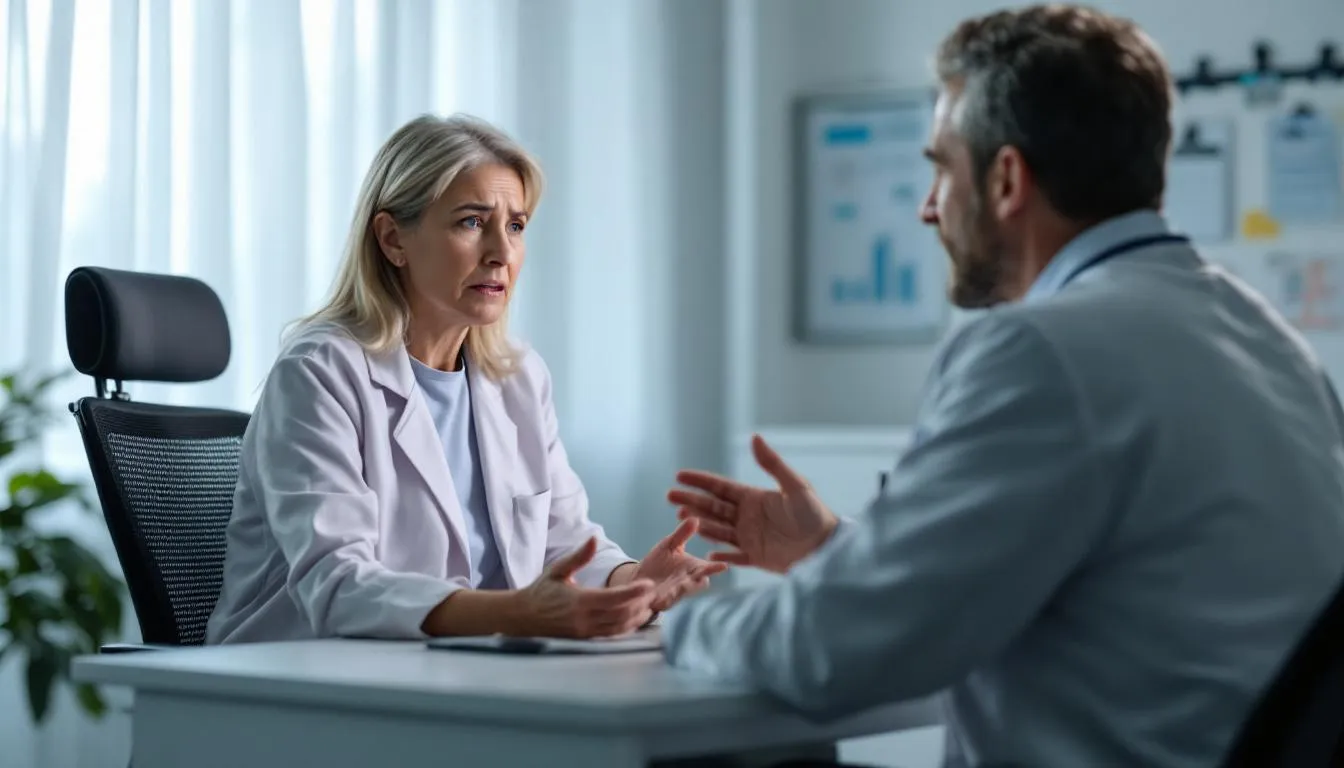 A concerned patient is sitting across from a healthcare professional, discussing various side effects of medication, including issues like unusual tiredness and trouble sleeping. The doctor appears attentive, providing information about potential serious allergic reactions and the effects of Lunesta, while the patient looks worried and engaged in the conversation.