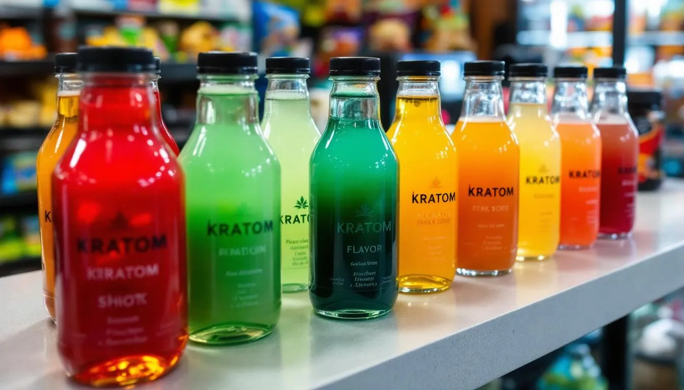 In the image, various kratom drink bottles and shots are arranged on a convenience store counter, showcasing a selection of herbal drinks made from the leaves of the Mitragyna speciosa plant. The display highlights the growing popularity of kratom products, which are often marketed for their potential pain-relieving properties and relaxing effects, but may also pose safety issues and risks associated with substance abuse.