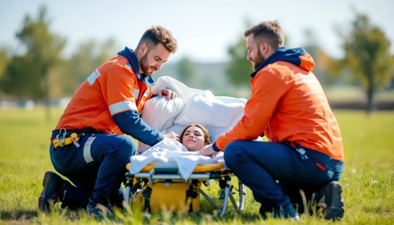 An emergency medical response team is seen treating a patient in a critical situation, utilizing equipment and techniques to provide immediate care. The scene highlights the urgency and professionalism of medical personnel as they address the patient's needs, which may include administering pain relief and monitoring for potential ketamine use in drug tests.