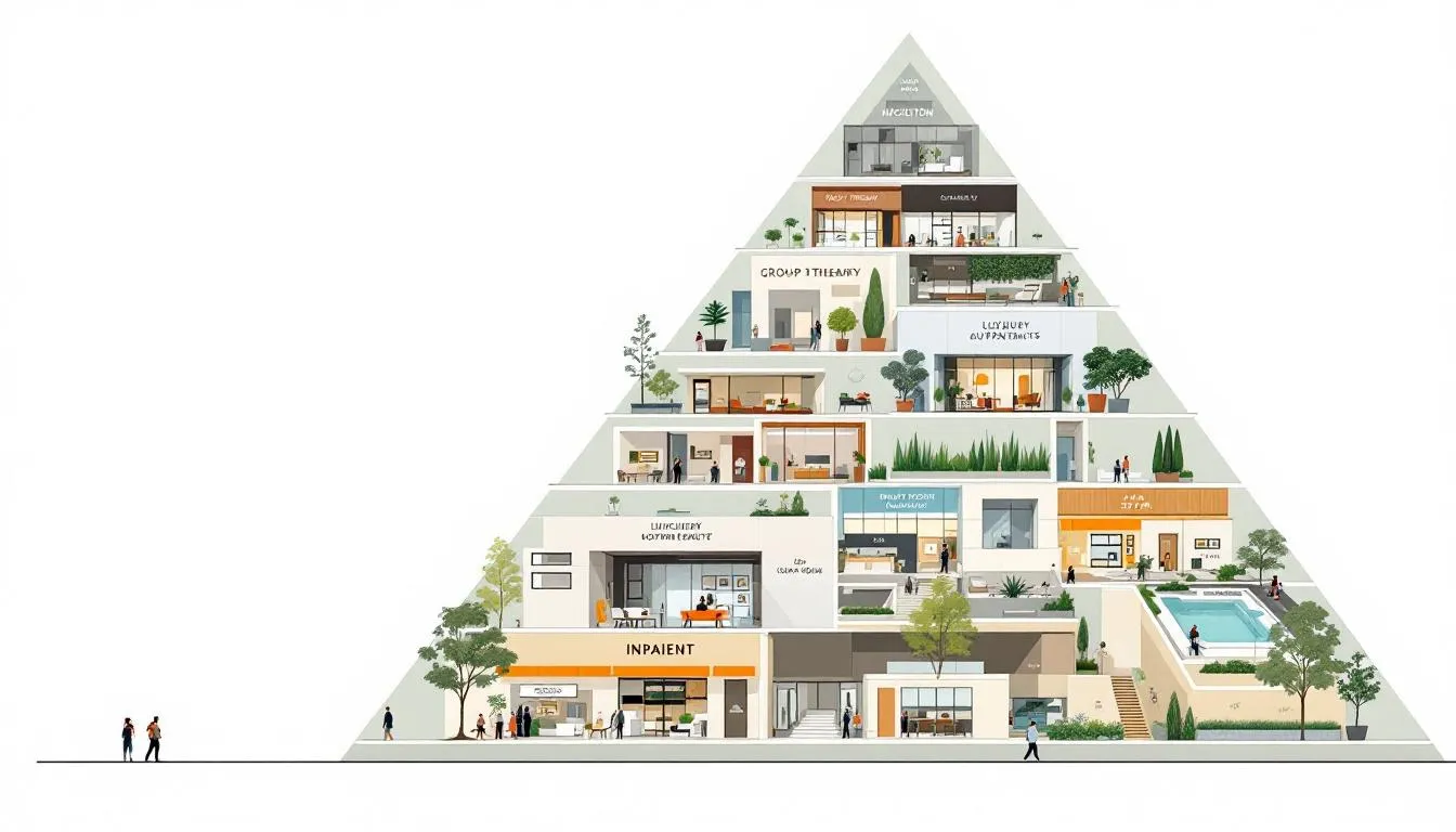 A stepped pyramid illustrates various levels of addiction treatment, starting with outpatient programs at the base and culminating in luxury inpatient rehab at the top, highlighting the diverse options available for individuals seeking treatment for drug or alcohol addiction. Each level represents a different approach to substance abuse treatment, emphasizing the importance of mental health and the varying costs associated with each type of care.