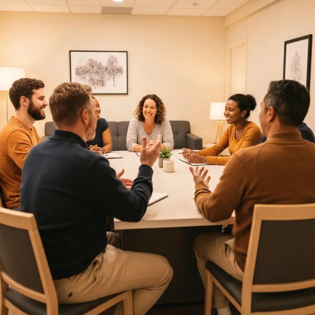 Group therapy session in an inpatient rehab facility emphasizing community support