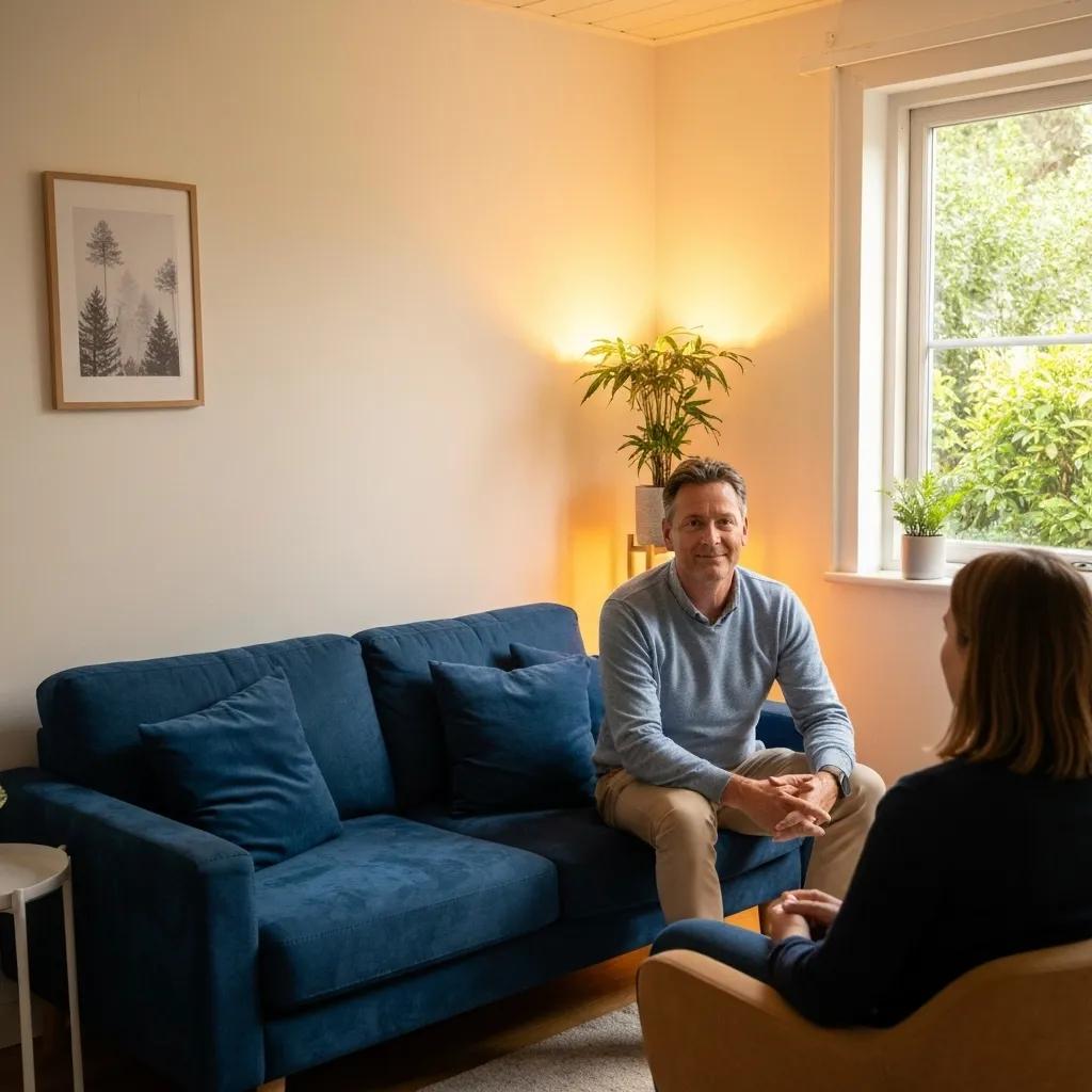 Therapist's office with a therapist and client engaged in a supportive conversation