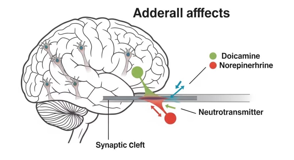 Adderall increases dopamine and norepinephrine levels in the brain, impacting focus and attention.