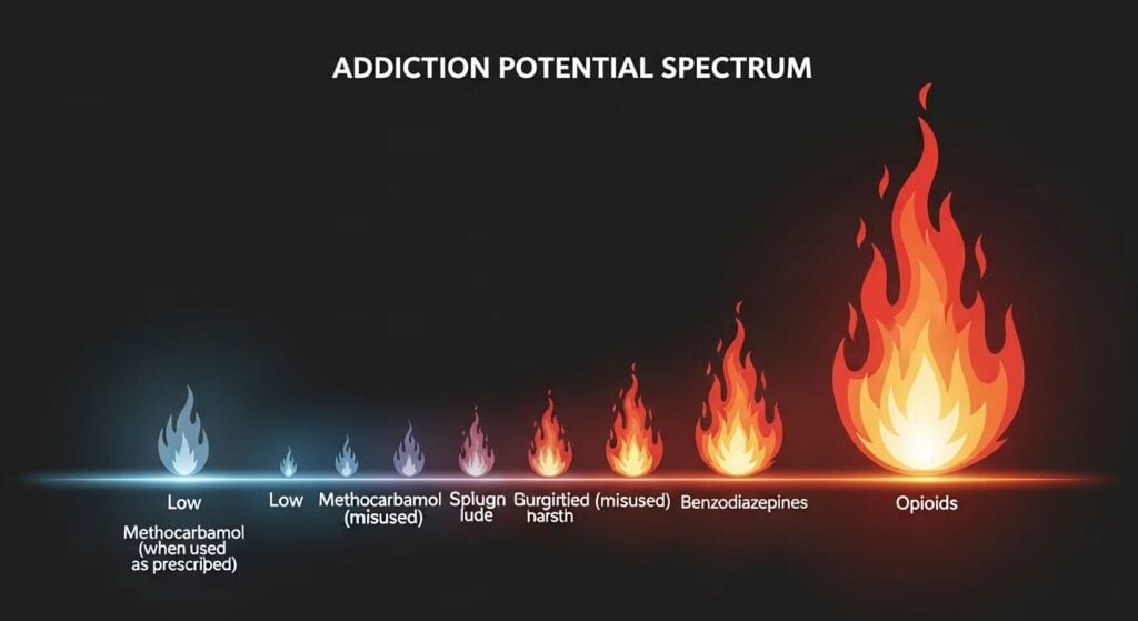 This spectrum illustrates the relative addiction potential of methocarbamol compared to other substances, highlighting the increased risk associated with misuse.