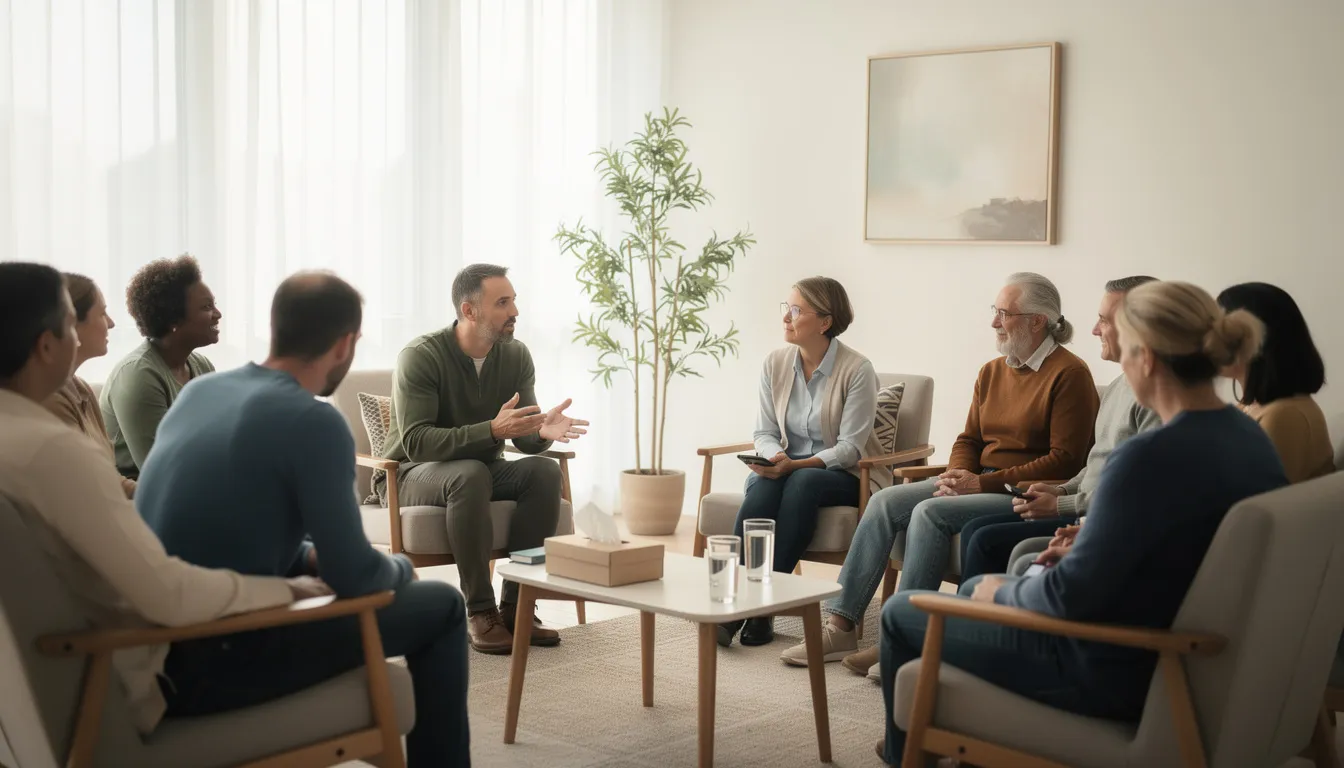 The image depicts a supportive group therapy session with individuals sitting in a circle, sharing their experiences and feelings in a safe environment. The atmosphere is warm and encouraging, emphasizing the therapeutic benefits of open communication and connection among participants.