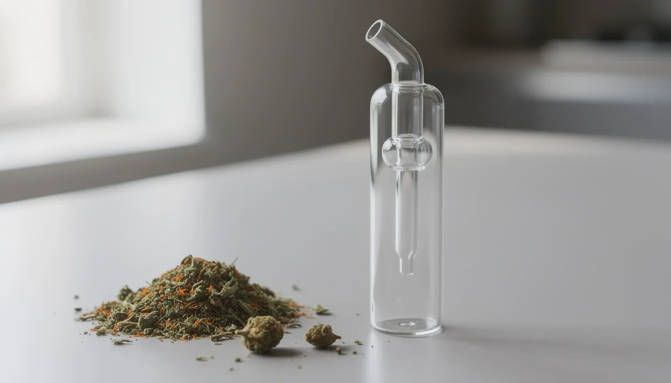 The image features a glass vaporizer device alongside cannabis material, highlighting the process of vaping cannabis. This setup suggests a focus on consuming raw cannabis and exploring the therapeutic benefits of THCA products, which are known for their potential health advantages without the psychoactive effects typically associated with THC.