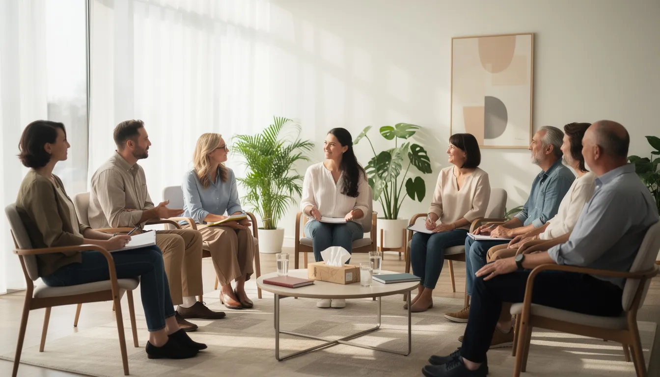 The image depicts a peaceful group therapy session, with individuals sitting in a circle in a bright room, fostering a supportive environment for discussing issues related to alcohol use disorder and withdrawal symptoms. Participants appear engaged and attentive, highlighting the importance of mental health services in addressing alcohol dependence and promoting recovery.