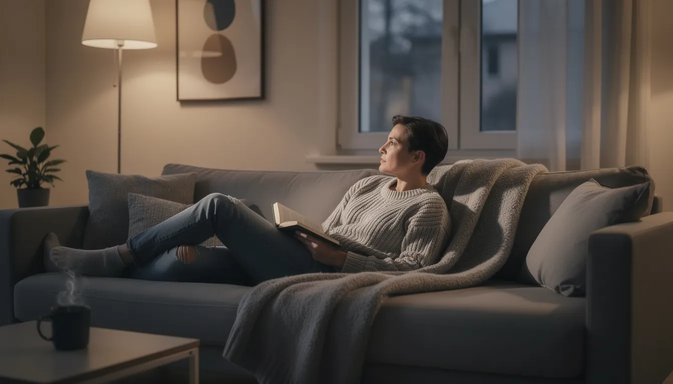 The image depicts a person relaxing on a couch, appearing calm and contemplative, possibly reflecting on the therapeutic benefits of hemp-derived THCA products. The serene atmosphere suggests a moment of peace, which may resonate with cannabis consumers seeking relief from stress or discomfort.