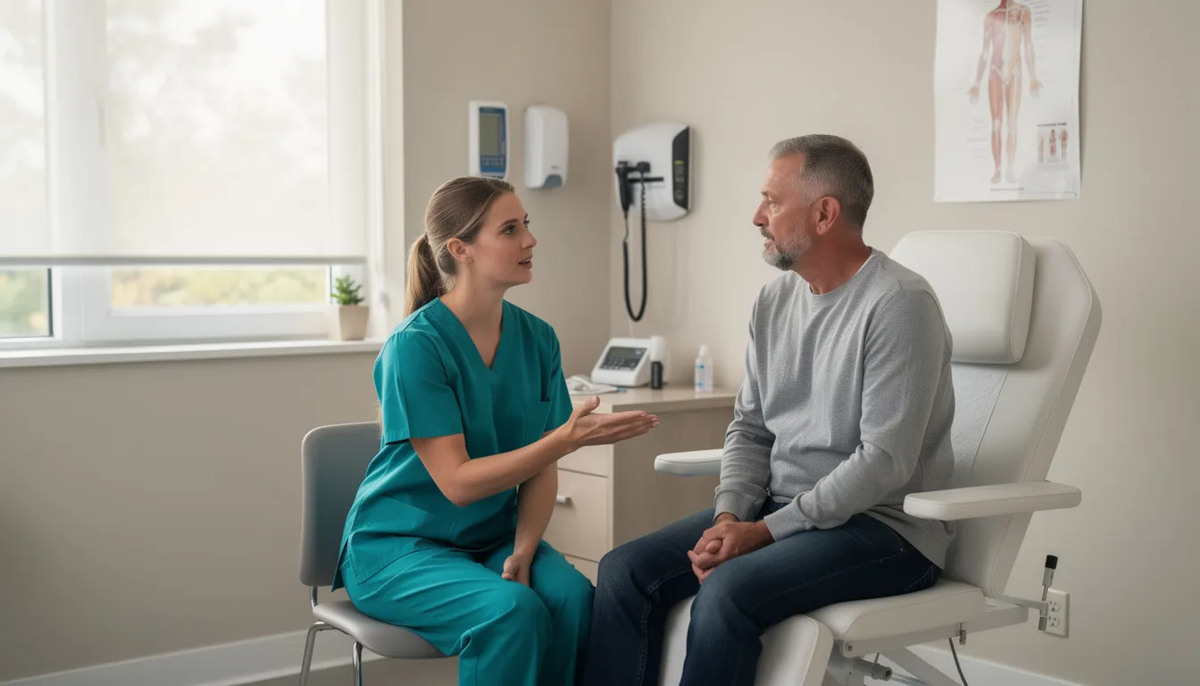 The image depicts a medical professional in scrubs calmly discussing treatment options with a patient in a clinical setting, emphasizing the importance of addressing alcohol withdrawal symptoms and the support available for individuals experiencing alcohol use disorder. The atmosphere is supportive, reflecting a focus on patient education and mental health services.