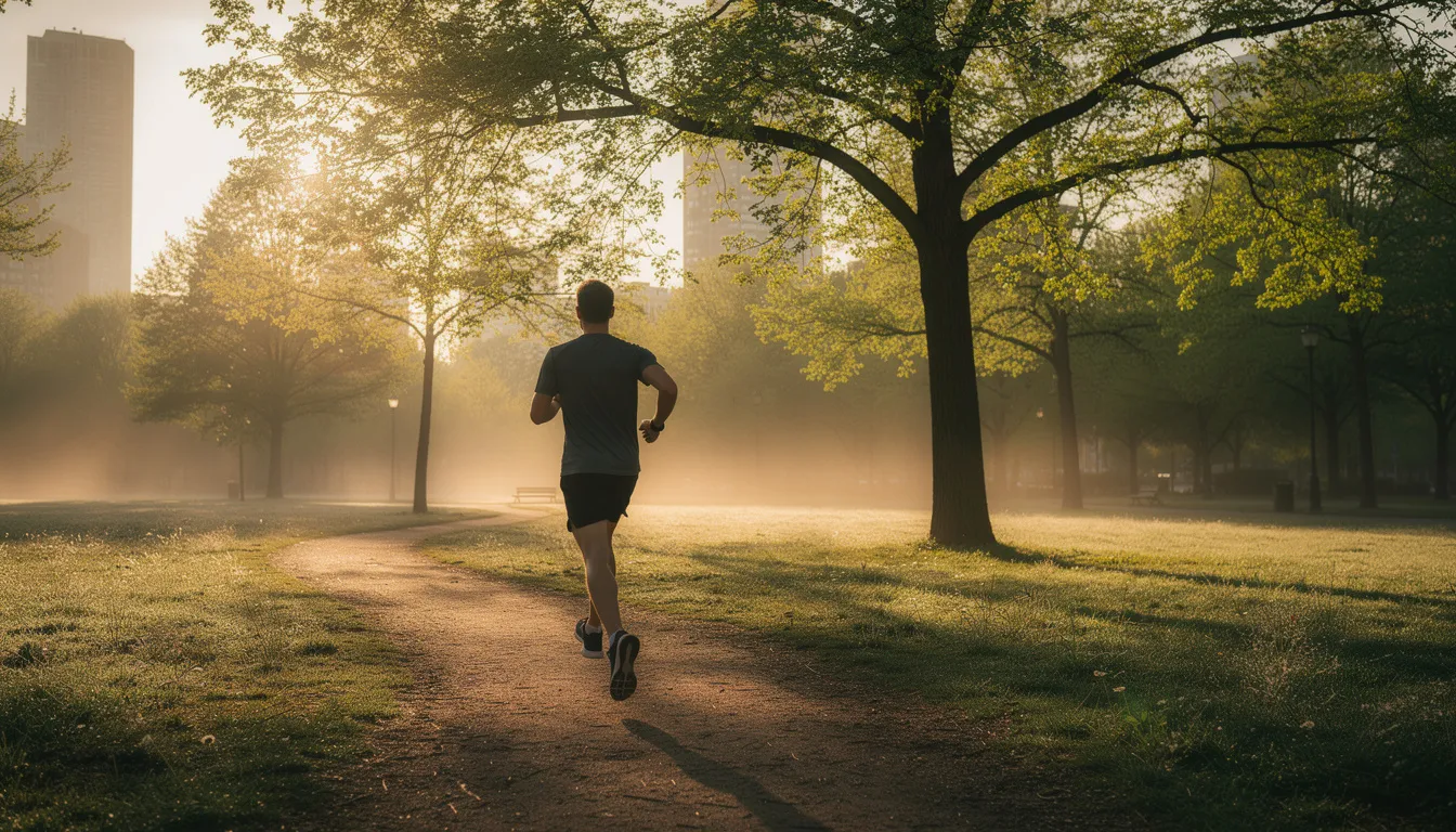 A person is jogging along a winding trail in a lush green park during the early morning, surrounded by trees and the soft light of dawn. This scene reflects a commitment to improved health and well-being, often seen in those who have decided to quit drinking alcohol and embrace a more active lifestyle.