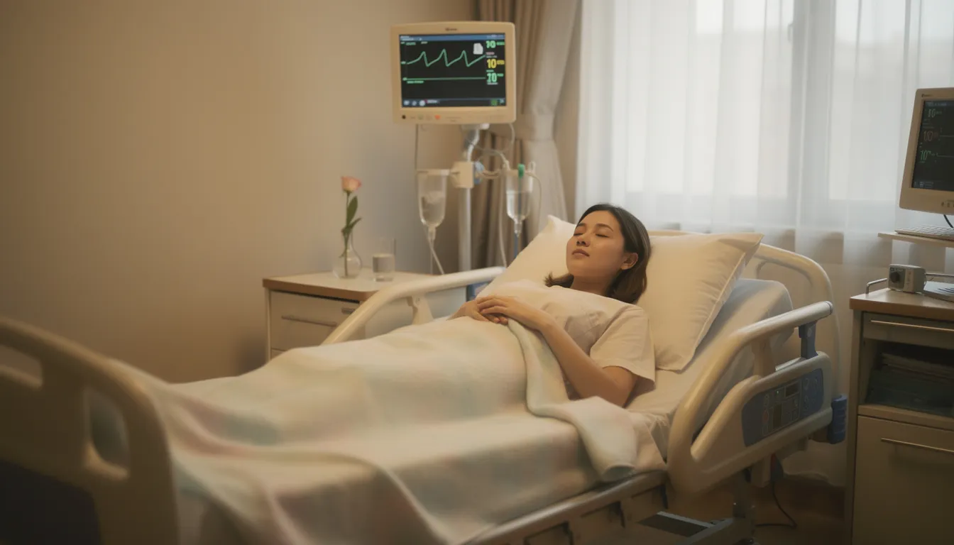 A person is peacefully resting in a softly lit medical recovery room, which suggests a focus on comfort and healing, possibly after experiencing withdrawal symptoms from alcohol. The tranquil atmosphere may aid in alleviating anxiety and supporting their journey through alcohol addiction treatment.