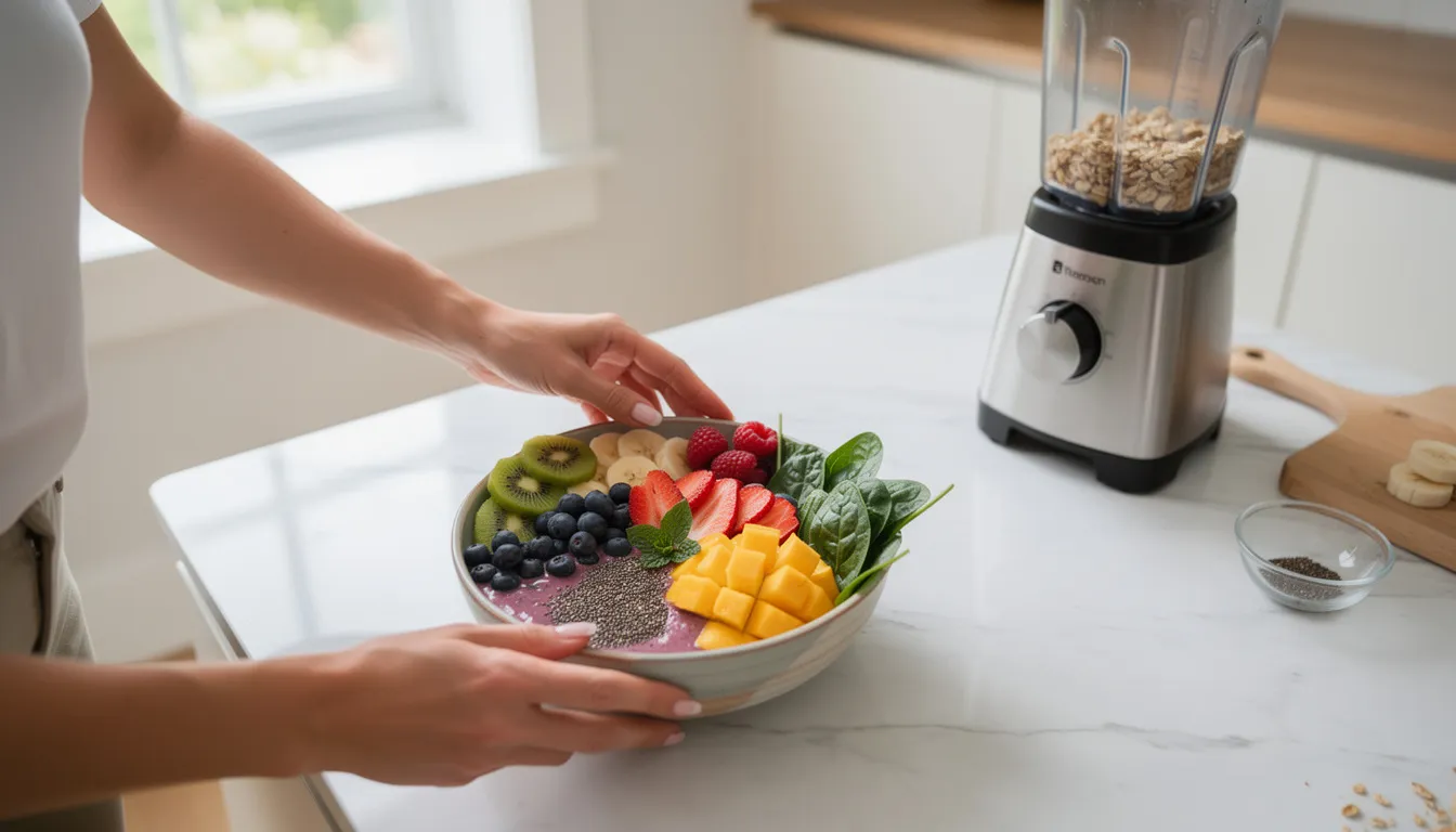 A person is in a bright kitchen preparing a colorful smoothie bowl filled with fresh fruits and vegetables, showcasing a vibrant array of colors. This healthy diet choice supports detoxification and can aid in weight loss while providing essential nutrients for overall health.