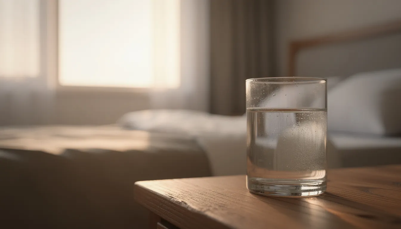 A glass of clear water sits on a nightstand beside a window, bathed in soft morning light. This serene scene symbolizes the benefits of quitting alcohol, such as improved hydration, better overall health, and enhanced mental well-being after overcoming alcohol withdrawal symptoms.