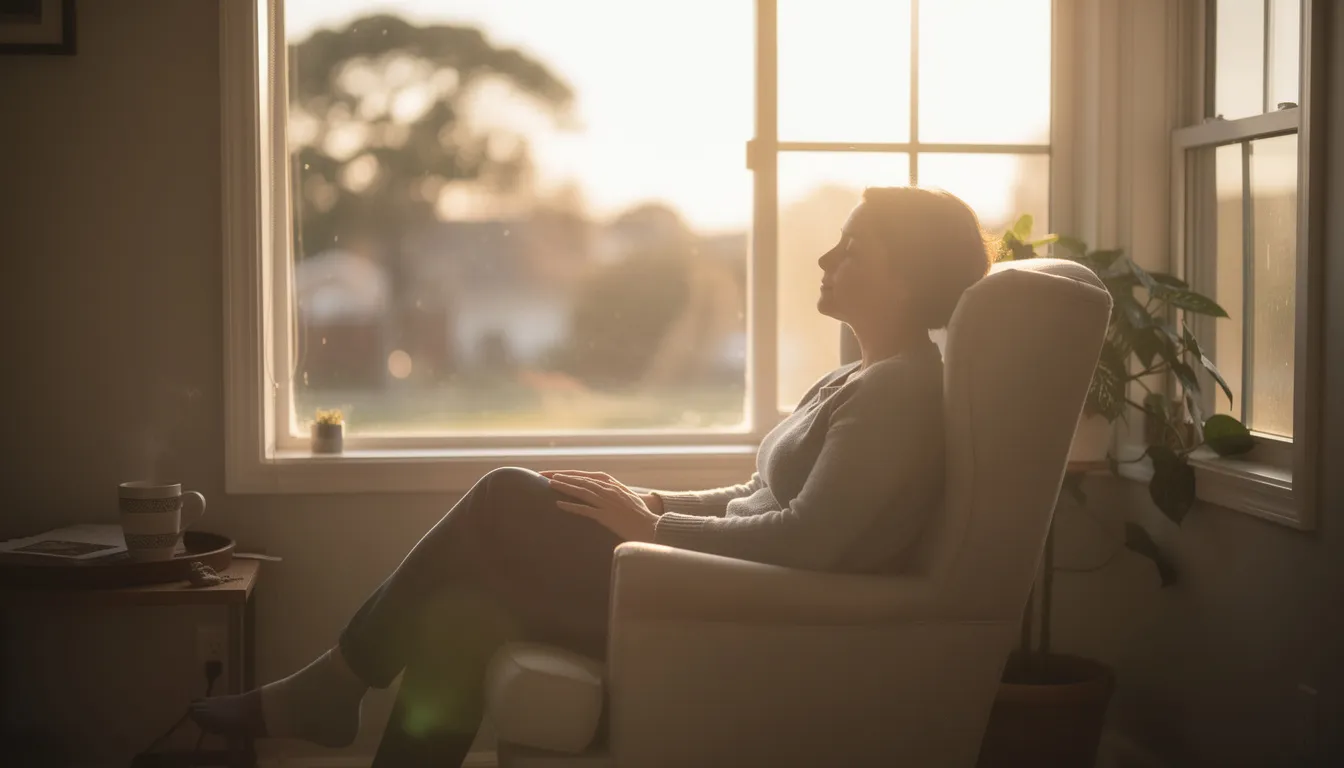 A person sits peacefully by a window, bathed in warm morning sunlight, reflecting a moment of tranquility and well-being. This serene scene symbolizes the positive effects of quitting alcohol, such as improved mood and overall health, as they embrace a new, sober lifestyle.