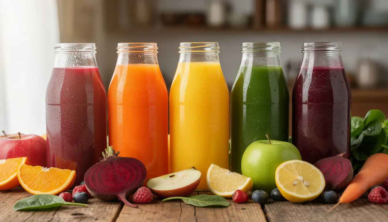 A vibrant collection of fresh pressed juices in glass bottles is beautifully displayed on a wooden table, showcasing a variety of colors and ingredients that promote a healthy diet and detox cleanse. These nutrient-rich juices are ideal for those looking to support their liver health and boost their overall wellness.