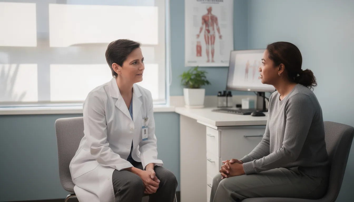 A medical professional is engaged in a supportive conversation with a patient in a comfortable clinical setting, discussing the importance of a balanced diet and healthy eating habits to manage weight and improve overall health. The atmosphere is calm and reassuring, emphasizing the health benefits of detox diets and proper nutrition for the patient's well-being.