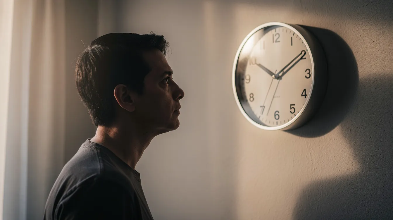 A person is gazing thoughtfully at a wall clock, possibly contemplating the time remaining before an impending mouth swab test. This moment reflects the importance of good oral hygiene practices to ensure a successful outcome in saliva drug tests.