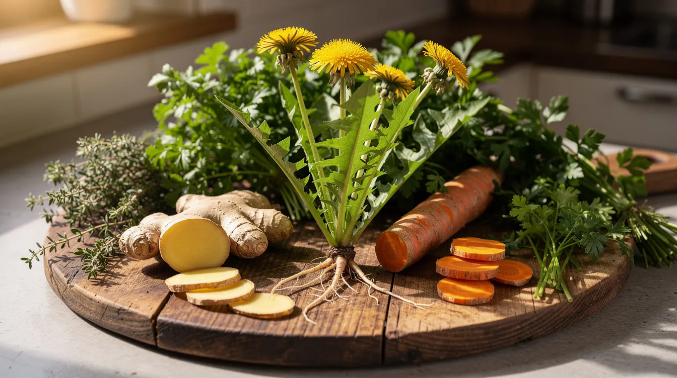 The image features a cutting board adorned with an assortment of fresh herbs and roots, including dandelion, ginger, and turmeric, which are known for their powerful cleansing properties that support liver health and the body's natural detoxification process. These ingredients can be beneficial for digestive health and are often used in dietary supplements aimed at promoting a full body detox.