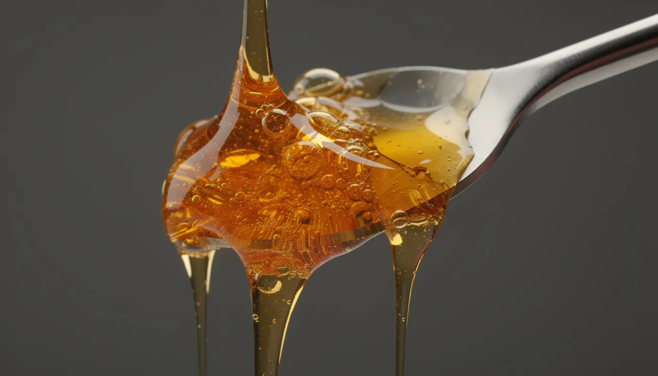 A close-up image shows a shiny, golden cannabis concentrate, resembling wax, adhered to a metal dab tool. The texture and color of the concentrate highlight its quality, perfect for use in dabbing.