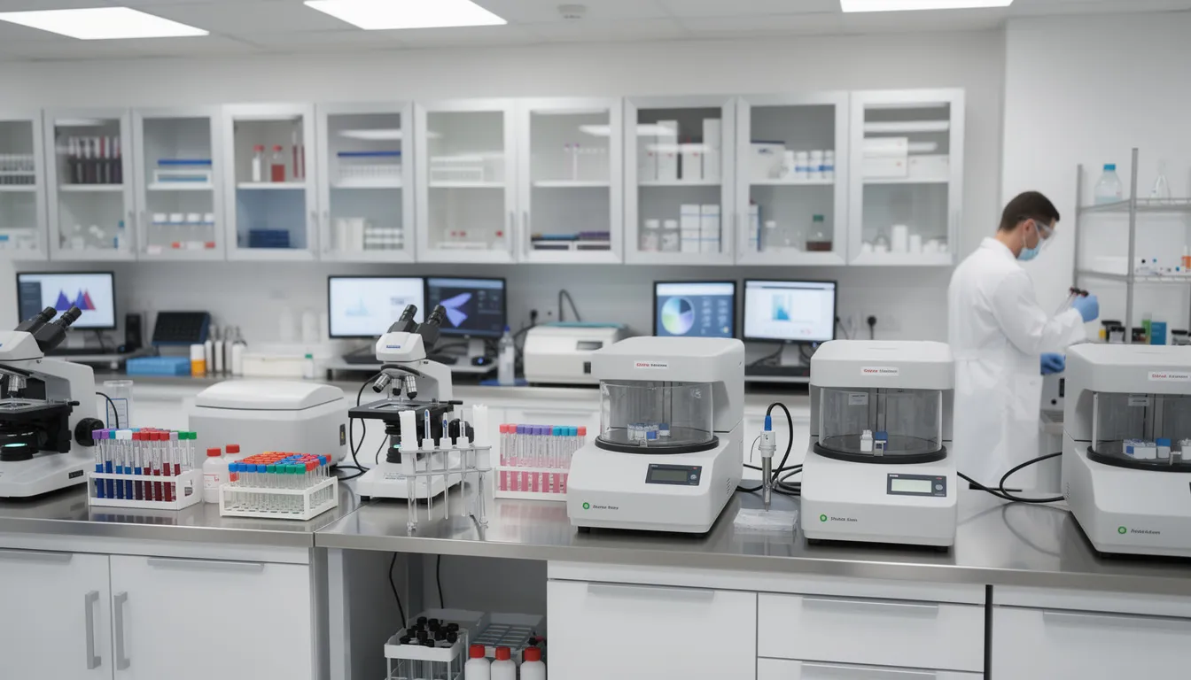 The image depicts a medical laboratory testing facility equipped with various tools and machines used for drug tests, including urine tests that can detect cocaine and its metabolites. This setting is essential for monitoring substance use and providing professional medical advice related to drug abuse and its effects.