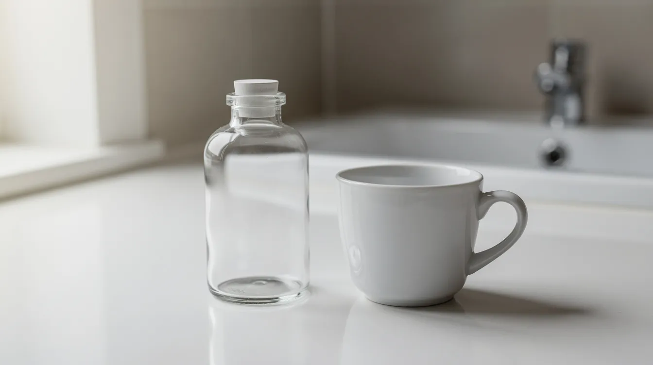 The image shows a small bottle and a cup placed on a bathroom counter, suggesting a setting where one might prepare for a mouth swab drug test. This environment emphasizes the importance of maintaining good oral hygiene and being aware of the testing process before undergoing a saliva drug test.