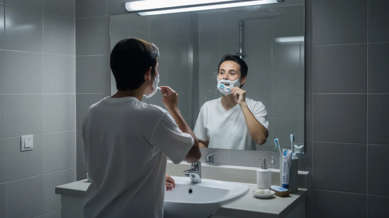 A person is brushing their teeth in front of a bathroom mirror, emphasizing the importance of good oral hygiene practices. Maintaining oral health is essential, especially when preparing for a mouth swab drug test, as it helps reduce the risk of lingering drug residues that could affect test outcomes.