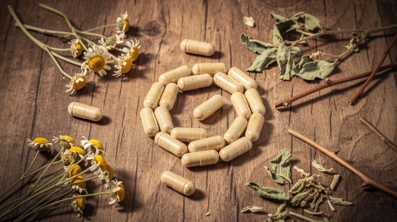 The image features herbal supplement capsules neatly arranged on a wooden surface, accompanied by a variety of dried herbs. These capsules are part of a dietary supplement aimed at supporting liver health and enhancing the body's natural detoxification process.