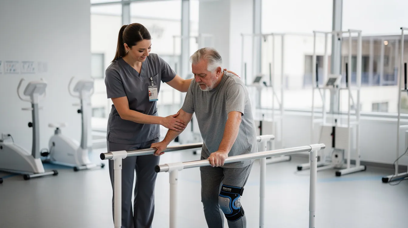 A physical therapist assists a patient with mobility exercises in a rehabilitation setting, focusing on improving the patient's independence and recovery following a life-altering injury. The therapist demonstrates proper techniques to ensure safety and effectiveness as part of a comprehensive treatment plan.