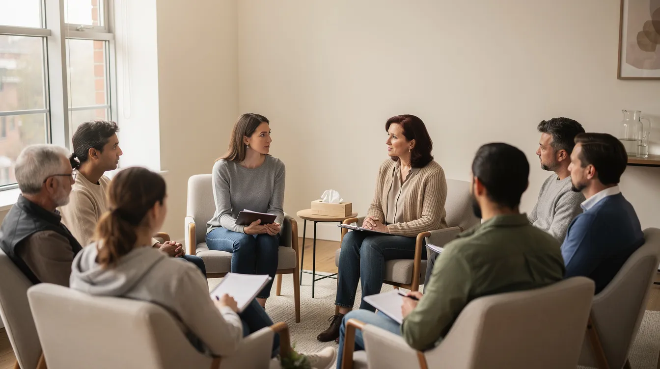 A group therapy session is depicted, with several individuals sitting in a circle, engaged in discussion and support, which is a vital part of rehabilitation services for those recovering from life-altering injuries or illnesses. This collaborative environment fosters independence and encourages patients to share their experiences as they work towards their treatment plans and recovery goals.