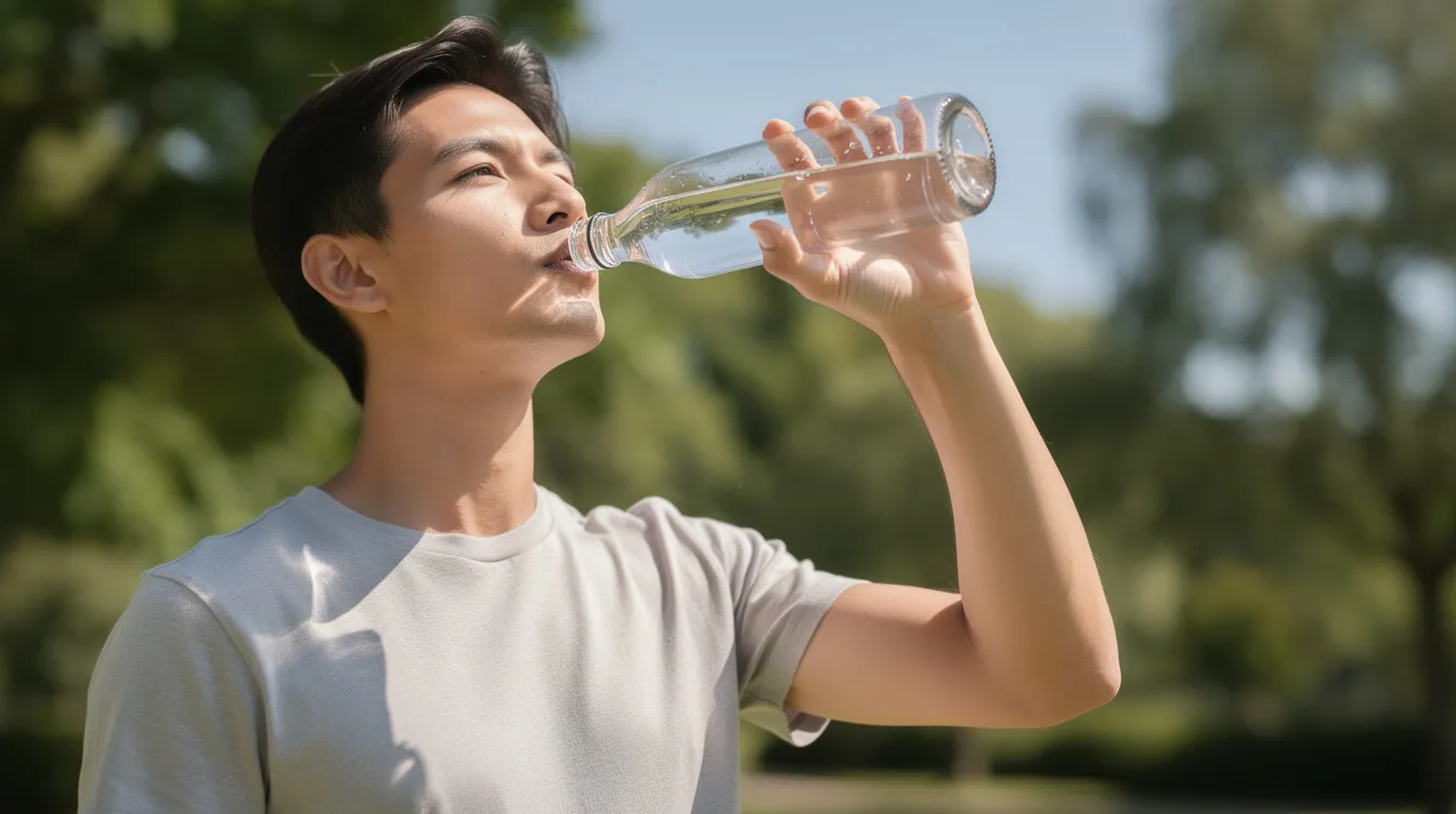 A person is seen outdoors, sipping water from a glass bottle, emphasizing the importance of hydration for overall health and supporting the body's natural detoxification process. This image highlights the connection between drinking water and maintaining liver health and digestive systems.