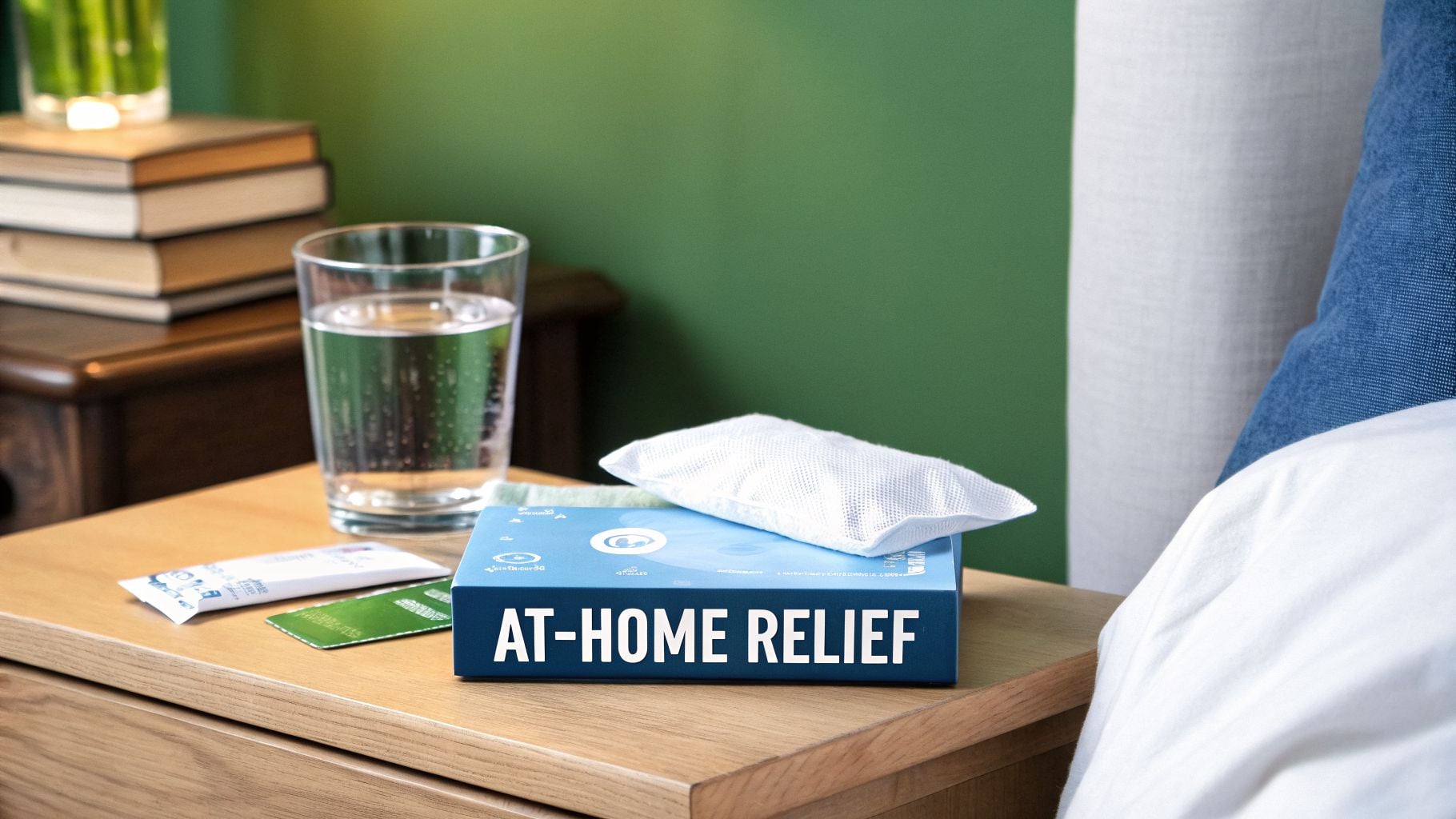 A bedside table with a glass of water, medicine box, and books for at-home relief.