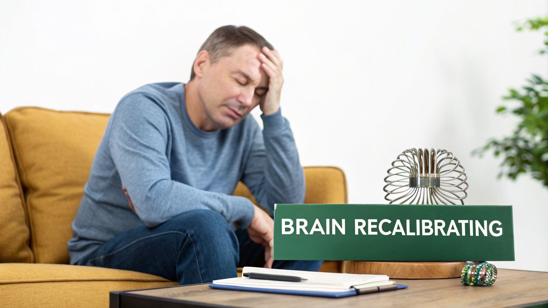 Distressed man on couch holding head next to 'Brain Recalibrating' sign.
