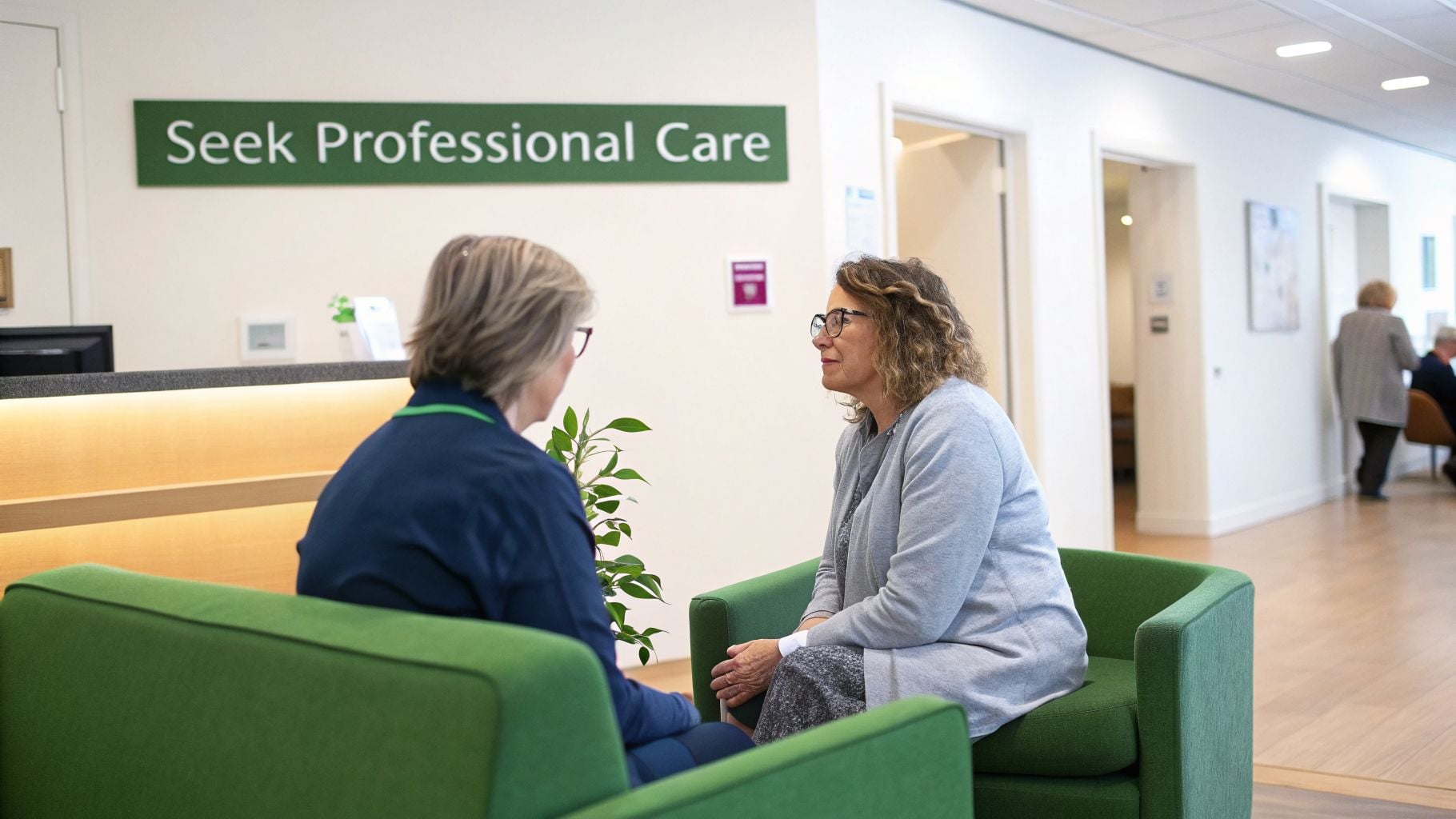 Two women with glasses talk in green chairs inside a bright waiting room with a 'Seek Professional Care' sign.