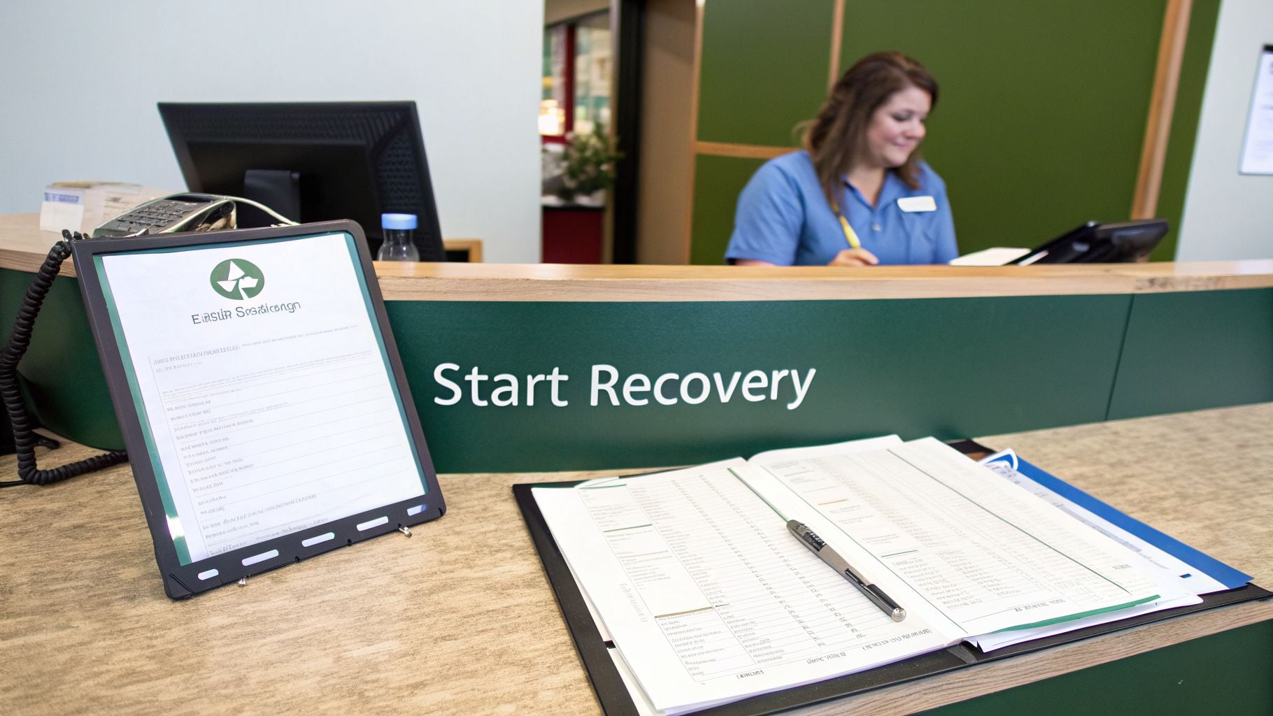 A reception desk with a sign displaying "Start Recovery" and a friendly staff member in the background.