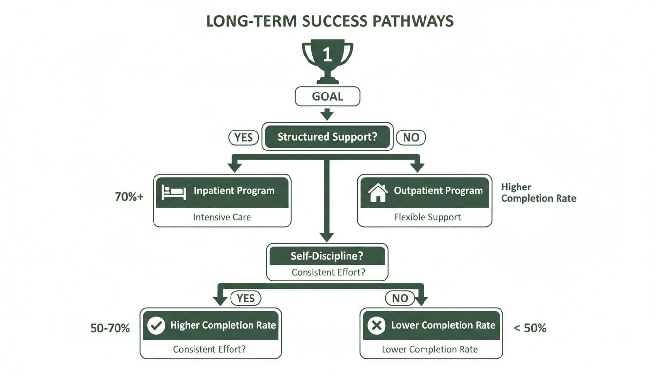 Flowchart illustrating long-term success pathways based on structured support, self-discipline, and completion rates.