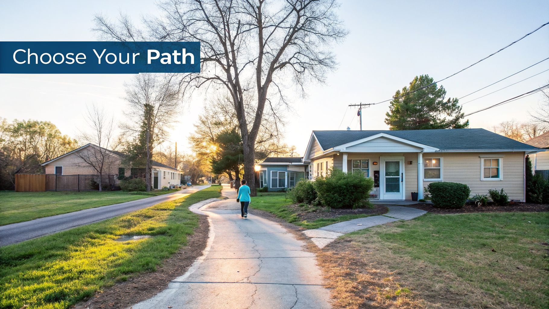 A person walks on a winding path through a residential neighborhood with houses and trees at sunset, with text 'Choose Your Path'.