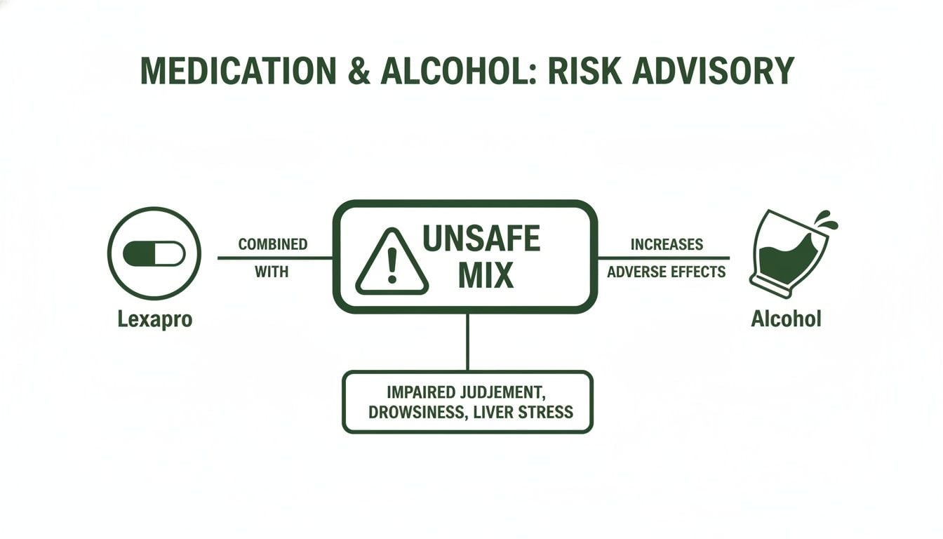 Infographic illustrating the risk advisory of combining Lexapro medication with alcohol, detailing adverse effects.