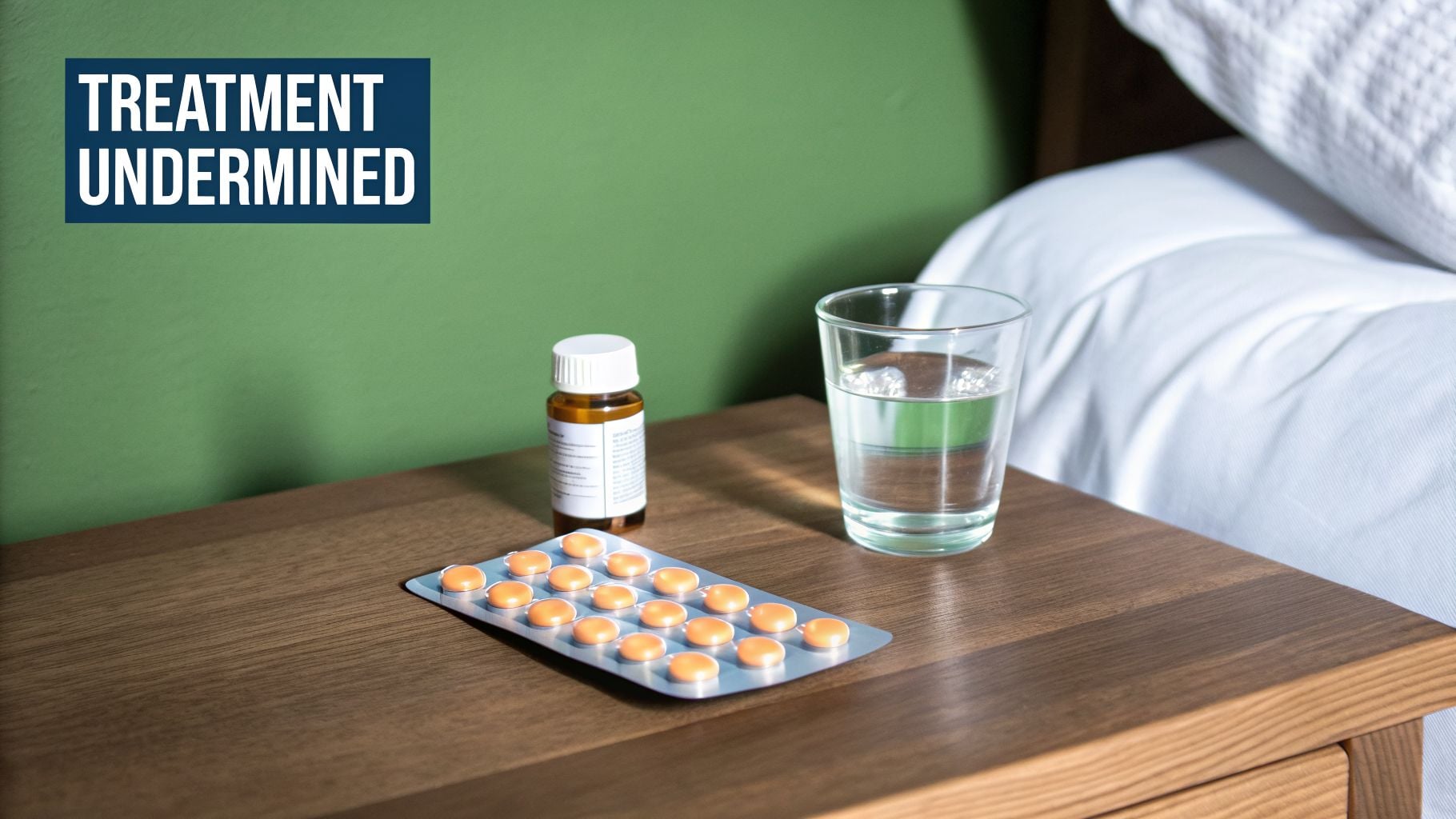A bedside table with pills, a bottle, and water, featuring 'TREATMENT UNDERMINED' text.