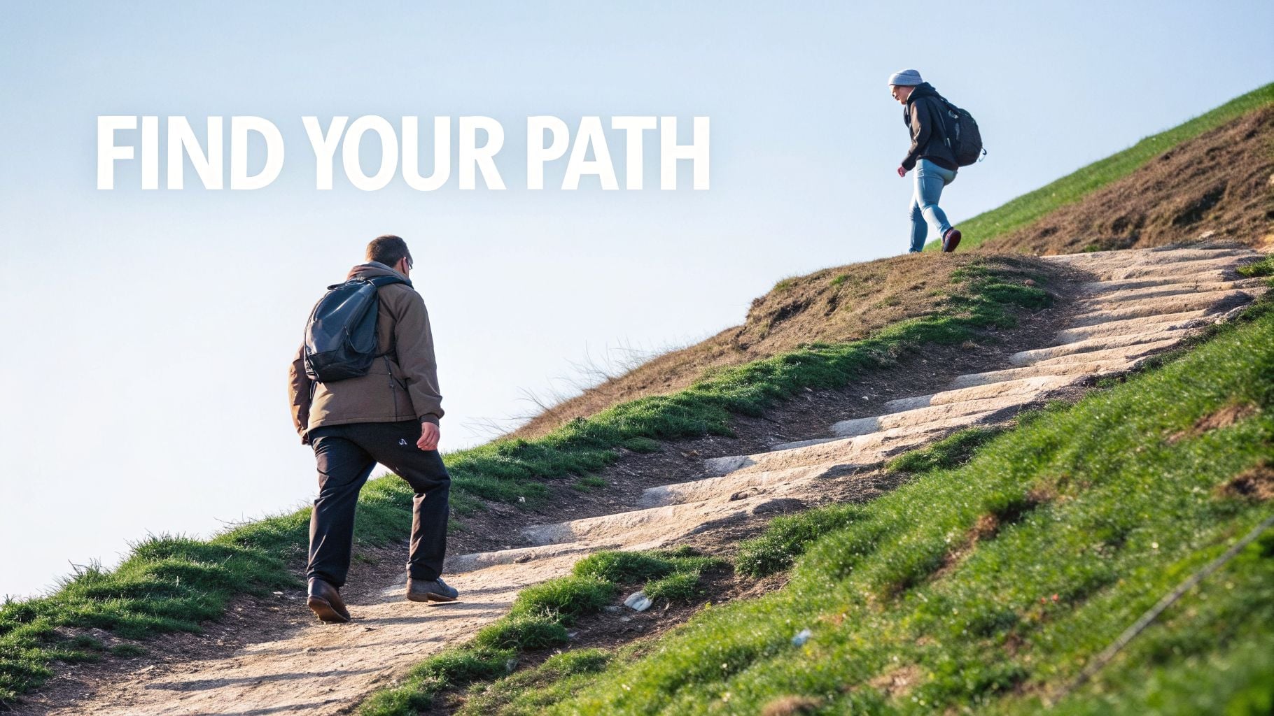 Two people with backpacks hike up a steep, grassy path with stone steps, under a bright sky.