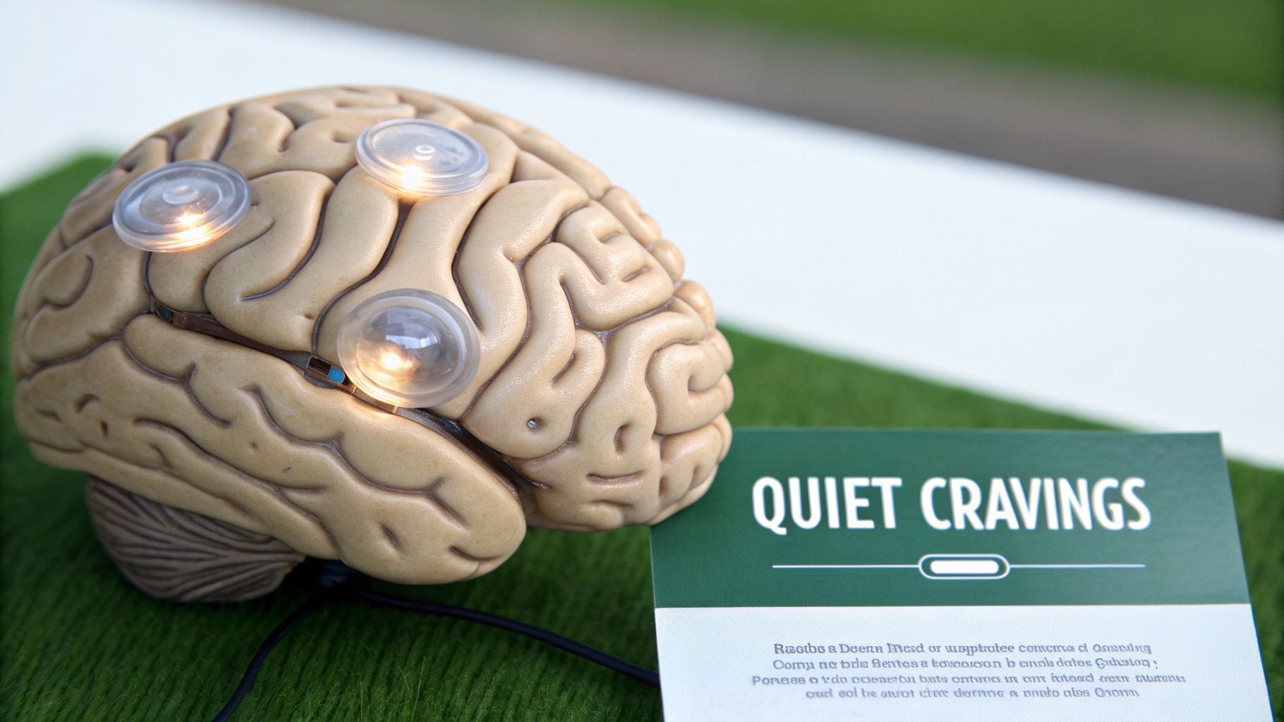 A detailed brain model with three glowing light-up sensors next to a 'QUIET CRAVINGS' sign.