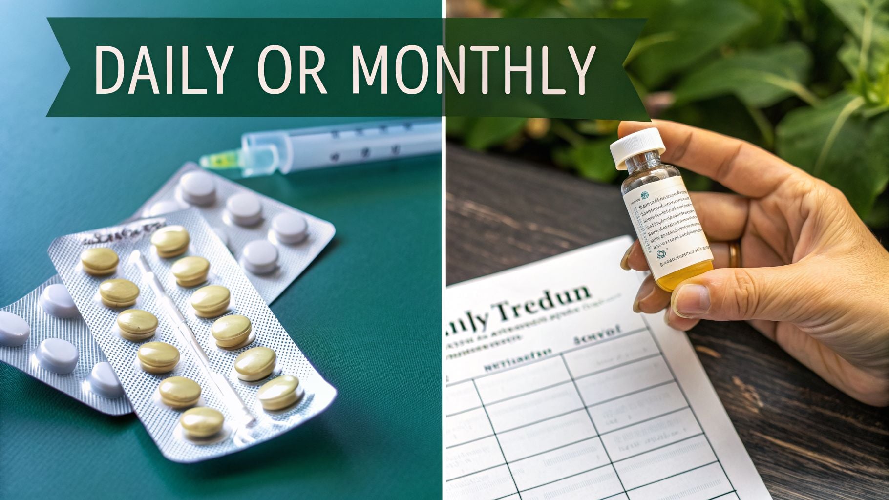 Comparing daily pills and monthly injections, with medical supplies and a hand holding a vial.