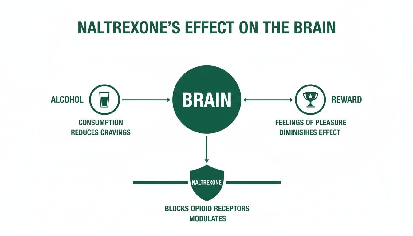 A diagram explaining Naltrexone's effect on the brain, reducing alcohol cravings and diminishing reward pleasure.