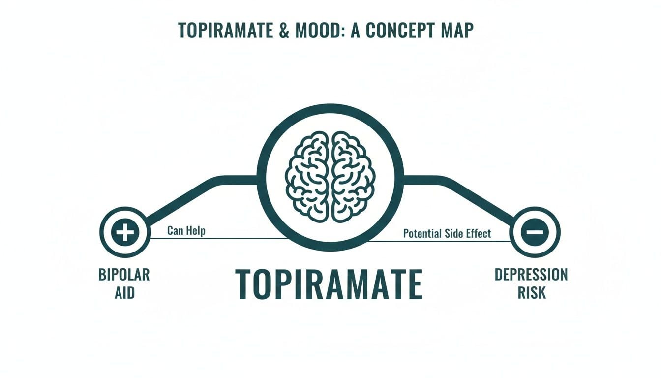 Concept map illustrating Topiramate's effects on mood: helping bipolar disorder while posing a depression risk.